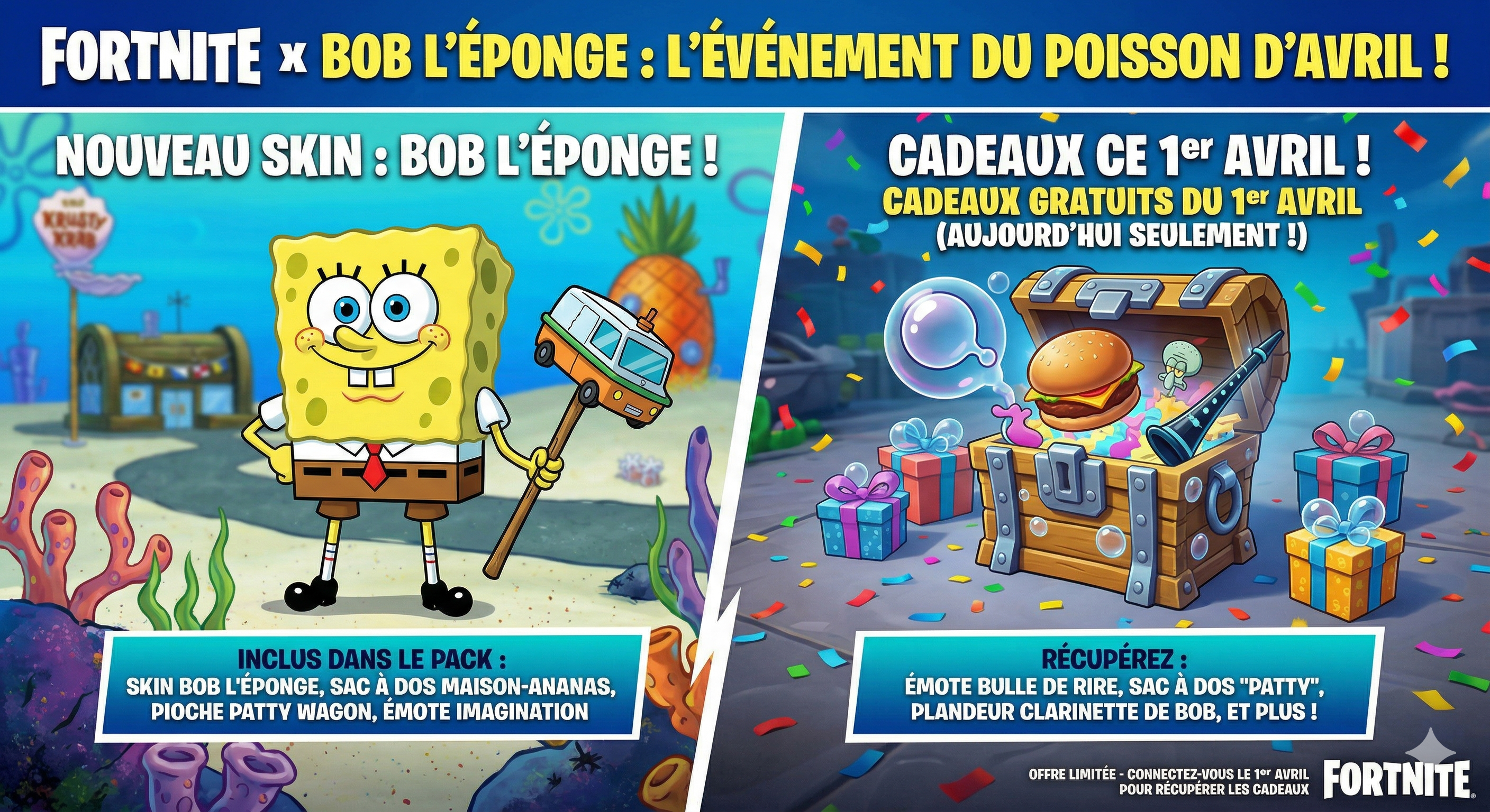 Fortnite : Skin Bob l'Éponge et cadeaux ce 1er avril