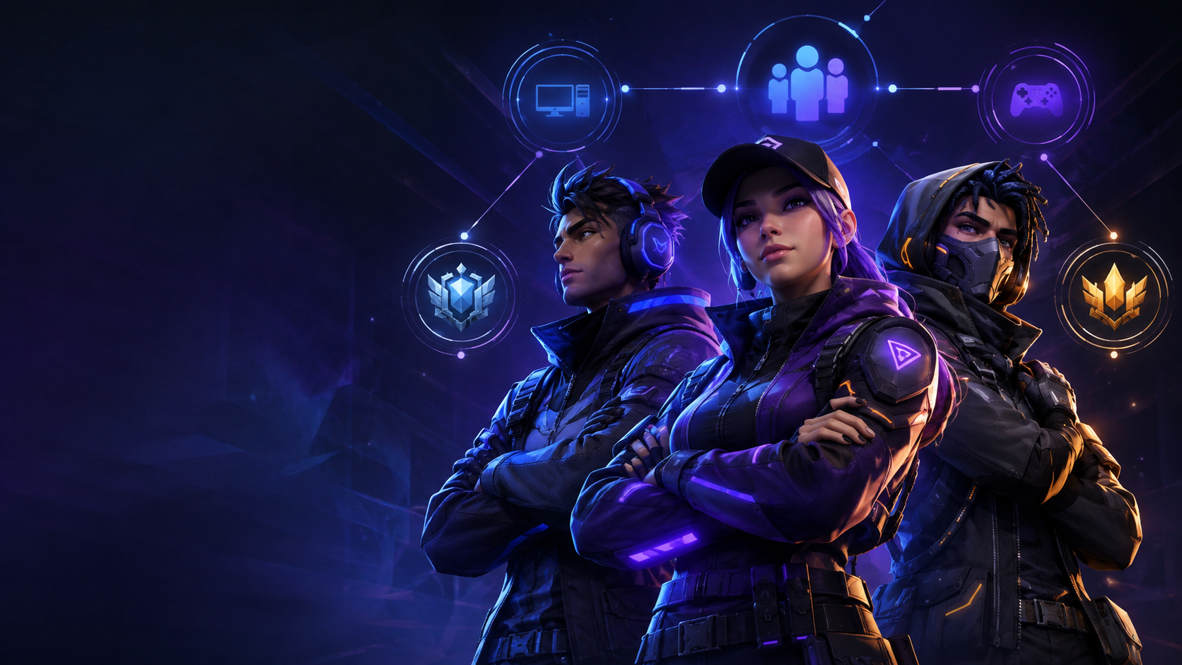 Deux joueurs Fortnite formant un duo face à une arène futuriste violette et orange