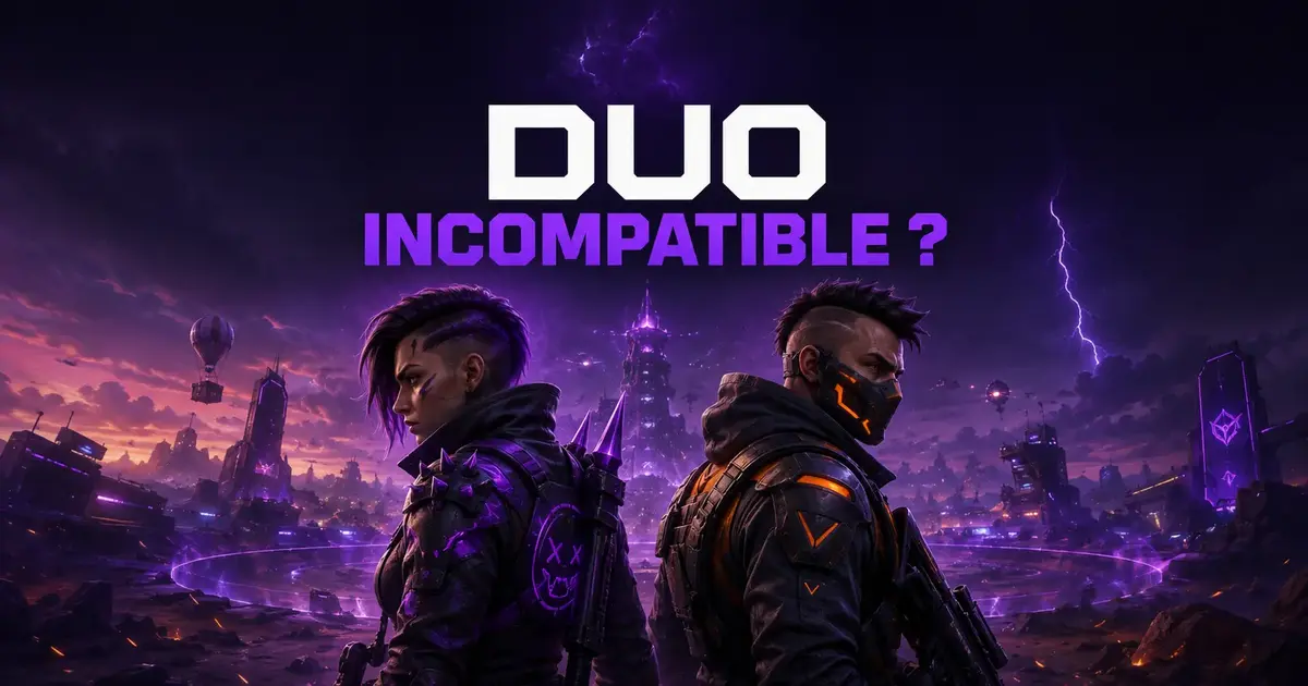 Deux joueurs Fortnite dos à dos avec le texte Duo incompatible
