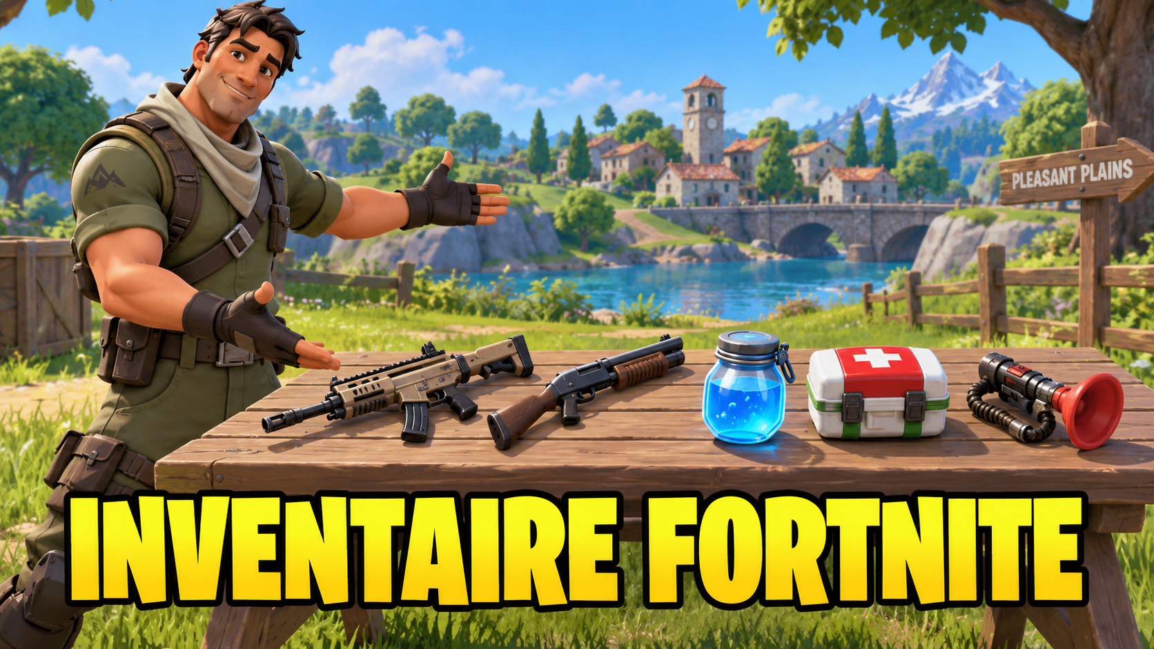 Inventaire Fortnite : armes, potion de bouclier et soins organisés sur une table